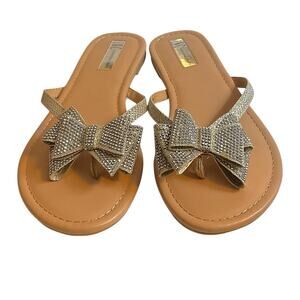 INC International Concepts Malissa 8.5 M Gold Rhinestone Bow Slide Sandals